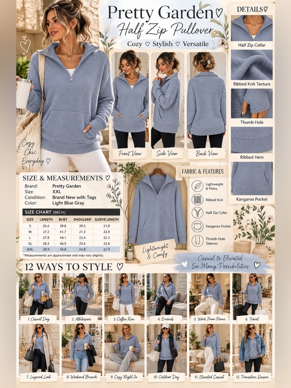 PRETTYGARDEN Ribbed Half Zip Pullover - Picture 2 of 8